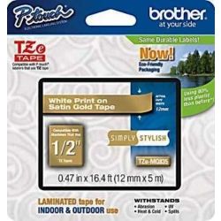 Brother TZE-MQ835 DECO Tape White On Satin Gold 12mm x 5M Matt Laminiation TZE Tape