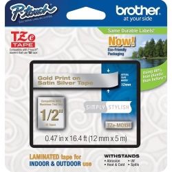 Brother TZE-MQ934 DECO Tape Gold on Satin Silver 12mm x 5M Matt Laminiation TZE Tape