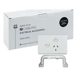 4Cabling 4C | Classic Single Power Point 250V 10A with 16AX Extra Switch  Horizontal 10 Pack with 10 FREE C-Clips