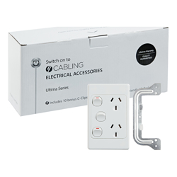 4Cabling 4C | Ultima Double Power Point 250V 10A with16AX Extra Switch Vertical 10 Pack with 10 FREE C-Clips