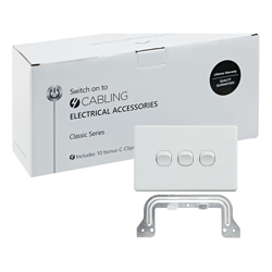 4Cabling 4C | Classic 3 Gang Switch 250V 16AX Horizontal 10 Pack with 10 FREE C-Clips