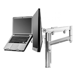 Atdec AWM Dual Monitor arm solution dynamic arms 135mm Post bolt silver with a note book tray
