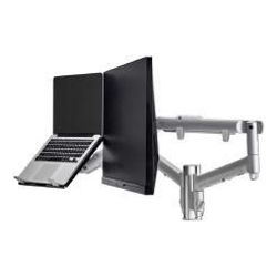 Atdec AWM Dual Monitor arm solution dynamic arms 135mm Post Grommet silver with a note book tray