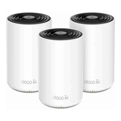 TP-Link inAXE5400 Whole Home Mesh Wi-Fi 6E SystemTri-Band SPEED: 574 Mbps at 2.4 GHz + 2402 Mbps at 5 GHz + 2402 Mbps at 6 GHz SPEC: 4x Internal Antennas 1x 2.5 Gigabit Port + 2x Gigabit Ports WAN/LAN auto-se
