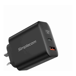 Simplecom CU265 Dual Port PD 65W GaN Fast Wall Charger USB-C + USB-A for Phone Laptop