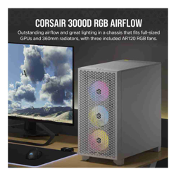 Corsair Carbide Series 3000D RGB Solid Steel Front ATX Tempered Glass White 3x AR120 RGB Fans  Adapter pre-installed. USB 3.0 x 2 Audio I/O. Case