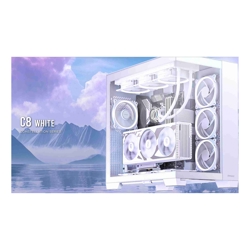 Antec C8 E-ATX mATX ITX Seamless Edge View Front and Side USB-C 4mm Tempered Glass 360mm liquid cooler top bottom side. 2x USB 3.0 White Case