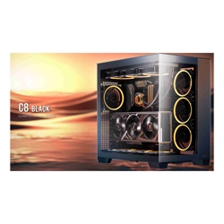 Antec C8 E-ATX mATX ITX Seamless Edge View Front and Side USB-C 4mm Tempered Glass 360mm liquid cooler top bottom side. 2x USB 3.0 Black Case.