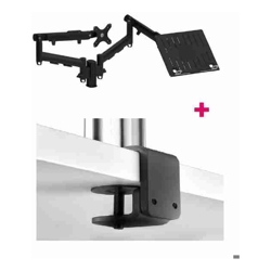 Atdec AWM Dual Monitor arm solution dynamic arms 135mm Post F Clamp Black with a note book tray