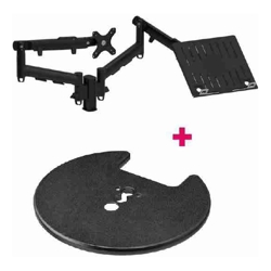 Atdec AWM Dual Monitor arm solution dynamic arms 135mm Post Grommet Black with a note book tray