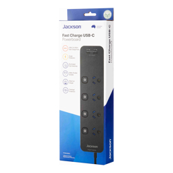 Jackson Industries Jackson | PT1814USB3C | 4 Way Individually Switched Power Board w/ 2 x USB A &amp;amp;amp; 2 x USB C Charging Outlets | 1m Lead |  BLACK