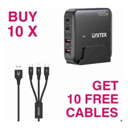 Unitek KIT BUY 10 x Unitek PD100W 4-in-1 GaN Desktop Charging Stations + 10 x FREE Unitek 1.2m 3-in-1 USB-A to USB-C/microUSB/Lightning Cables (Black)