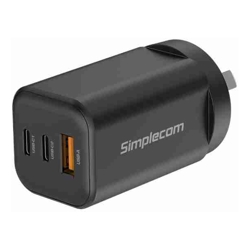 Simplecom CU365 3-Port PD 65W GaN Wall Charger Dual USB-C + USB-A for Phone Laptop
