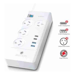 Astrotek Sansai 4 Way Powerboard 4 Outlet 2xUSB-A 2xUSB-C Charging Ports Ports 10A 240V Individually Switched 2 extra spaced sockets 1M Length